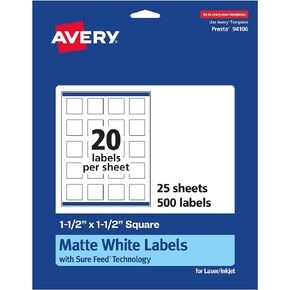 Avery Matte White Square Labels with Sure Feed, 1.5" x 1.5", 500 Matte White Printable Labels
