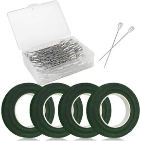 Floral Arrangement Kit SourceTon 4 Rolls 1/2" Wide Green Floral Tapes and 100 Pcs Teardrop Pearl Head Pins for Wreath Making Supplies