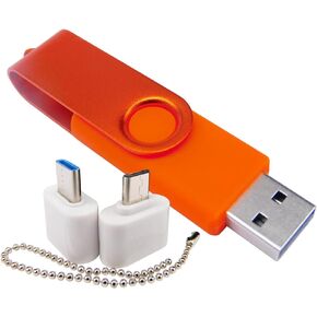 Mini Capacity USB Flash Drive Memory Sticks Thumb Drives with 1 OTG (Micro USB) and 1 Type-C (USB-C) Adaptor for Mobile Phone (Orange 128MB)