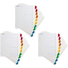 1-10 Tab Dividers for 3 Ring Binders, Table of Contents Page with Customizable Multicolor Table of Content Index Divider, Tear-Resistant - 3 Sets