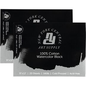 New York Central 100% Cotton Watercolor Paper Blocks 2 Pack 140lb 9x12" - Cold Press Acid-Free Premium Watercolor Paper for Artists, Painting, Water Media, Professionals, & More