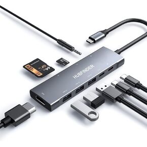 USB C Hub, HUBFINDER 9 in 1 Multiport Adapter with 100W Power Delivery，4K HDMI Output，3 USB3.0 and USB-C 5 Gbps Data Ports，SD/TF Card Reader，3.5mm Headphone Jack，for MacBook Air, MacBook Pro,iPad Pro