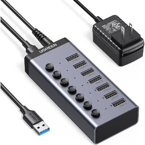UGREEN Powered USB 3.0 Hub, 7-Port USB Adapter with 4 Smart Charging Ports, USB Splitter with Individual Led On/Off Switches and Power Adapter, USB Ports Extender for Laptop PC