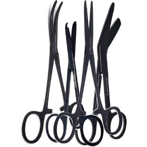 Premium Grade Set of 4 Bandage Scissors 5.5", Stitch Scissors 4.5" and Hemostat 5.5" Straight & Curved -Premium Quality Stainless Steel (Black Multi Paws)