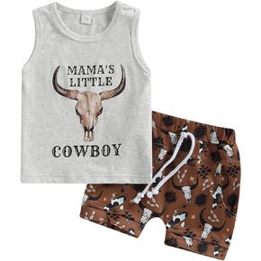 Western Toddler Baby Boys Sleeveless Clothes MaMa'S Little Cow Boy Tank Tops Drawstring Shorts 2Pcs Summer Outfits