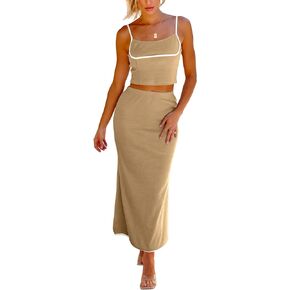 luvamia Two Piece Skirt Sets for Women Ribbed Colorblock Crop Top High Rise Knit Maxi Skirt Co Ord Matching Dress Sets