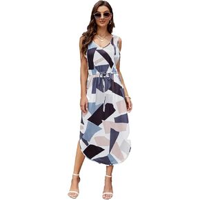Hount Womens V Neck Sleeveless Casual T Shirt Dress Summer Midi Dress with Pockets