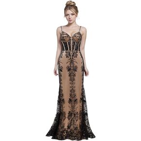 Meier Women's Sheer Corset Bodice Embroidery Sequin Prom Formal Dress