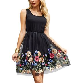 Clarisbelle Summer Women's Floral Embroidery Mesh Sleeveless Party Dress