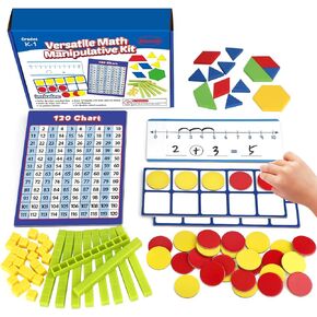 Take Home Versatile Math Manipulatives Kit for Kids Grade K-3,With Ten-Frames,Base Ten Blocks,Math Counters,Number Line,120 Number Chart,Pattern Blocks,Homeschool Supplies (Develops Early Math Skills)