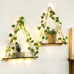 Artilady 2 Pack Wooden Wall Hanging Shelves - Boho Floating Shelves White Macrame Plant Shelf Adjustable Storage Rack Rustic Wall Decor for Bedroom Living Room Nursery