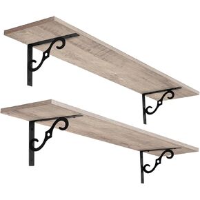 أرفف حائط طويلة من DINZI LVJ، مجموعة أرفف عائمة كبيرة مقاس 31.5 بوصة مكونة من قطعتين، رف عرض واسع مثبت على الحائط مع دعامات، سهل التعليق لغرفة المعيشة والمرحاض والمكتب وغرفة النوم، بني ريفي in Kuwait