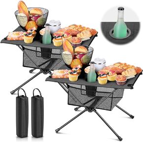 Beeveer 2 Sets Portable Camping Table Beach Table with Mesh Storage Bag, Carrying Bag and 2 Drink Holders Folding Picnic Table Foldable Travel Table Camping Storage Table for Outdoor Travel Fishing