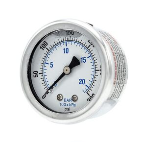 Liquid Filled Center Back Mount Pressure Gauge with 2" Dial, 0-300 PSI, 1/8" Male NPT Connection, Stainless Steel CASE and Bezel (1)