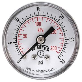 Winters PRL Series Stainless Steel 304 Dual Scale Regulator Pressure Gauge, 0-30 psi/kpa, 1-1/2" Dial Display, +/-2.5% Accuracy, 1/8" NPT Center Back Mount