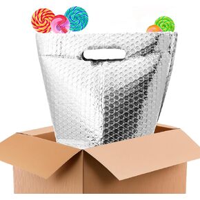 APQ Insulated Foil Bag with Handles, 10 x 10 x 10 Inches. 10 Pack Thermal Bags for Frozen Food. Metallized Foil Insulated Box Liners with Bubble Cushion. Insulated Shipping Bags for Food, Cosmetics