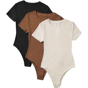 Floerns Women's Plus Size 3 Pcs Short Sleeve Rib Knit T Shirt Bodysuit Jumpsuit