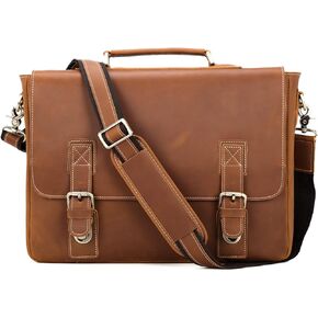Polare Vintage Full Grain Leather Tote Briefcase Professional 16'' Laptop Shoulder Messenger Bag with YKK Metal Zippers(Dark Brown)