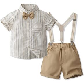 Kimocat Baby Boy Shirt and Tie Sets Long Sleeve Woven Top+ Bowknot+ Shorts with Suspender Straps Outfits
