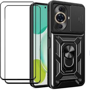 حافظة CNPUTAO لهاتف هواوي نوفا 11 / نوفا 12S مع واقي شاشة من الزجاج المقوى [عبوة من قطعتين]، نافذة كاميرا منزلقة، مسند، غطاء هاتف مزدوج الطبقات مقاوم للصدمات ومضاد للخدش، أسود in Kuwait