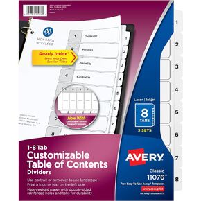 فواصل Avery 8 علامات تبويب لـ 3 مجلدات حلقية، جدول محتويات قابل للتخصيص، علامات تبويب بيضاء كلاسيكية، 3 مجموعات (11076)