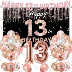 45pcs 13th Birthday Decorations for Girls - 13 Birthday Fabric Backdrop Banner Photo Booth Props Rose Gold - 13th Birthday Foil Balloons Letter Banner, 13 Number Balloons - Birthday Decor Kit