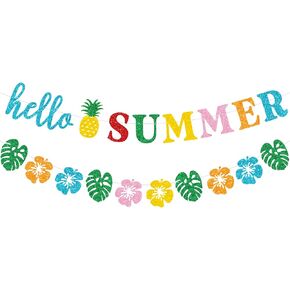 Glittery Hello Summer Banner Hawaiian Luau Tropical Themed Banner Colorful Summer Bunting Banner Garland Summer Holiday Birthday Hawaiian Party Decorations for Home Office Indoor Outdoor Wall