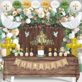 Baptism Party Decorations Mi Bautizo Party Supplies First Communion Decor Boys Girls Baby Shower Christening Decorations God Bless Backdrop Tablecloth Banner Balloons Garland (Baptism-02)