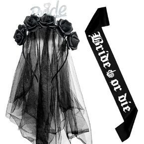 JeVenis Bride or Die Sash Gothic Rose Flower Headband Goth Bachelorette Decoration Bride or Die Bachelorette Party Supplies