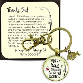 Fishing Dad Keychain From Daughter Best Dad Teaches His Daughter How to Fish Sentiment Pendant Key Ring for Men Father - Handmade Pendant Rustic Bronze Fish Charm, Affectionate Message Card & Gift Box