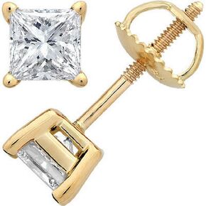 1/2 Carat Solitaire Diamond Stud Earrings Princess Cut 4 Prong Screw Back (D-F Color, I1 Clarity)