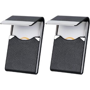 2 Pack Business Card Holder, PU Leather Business Card Case, Metal Slim Card Holder Display, Pocket Business Card Box with Magnetic Closure, for Men and Women(Black)