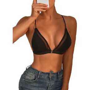 WDIRARA Women's Contrast Mesh V Neck Backless Bralette Bra Crop Cami Top