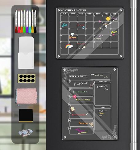 Gadgetlynx Acrylic Calendar for Fridge, Clear Calendar for Fridge, Acrylic Magnetic Dry Erase Board for Fridge, 2 Pack 12"x16" Monthly Planner & Weekly Menu Planner board w/8 Markers in Saudi Arabia