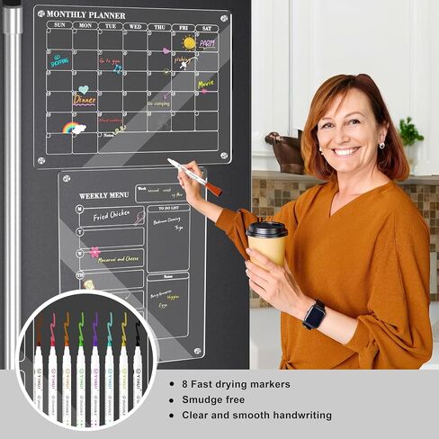 Gadgetlynx Acrylic Calendar for Fridge, Clear Calendar for Fridge, Acrylic Magnetic Dry Erase Board for Fridge, 2 Pack 12"x16" Monthly Planner & Weekly Menu Planner board w/8 Markers in Saudi Arabia