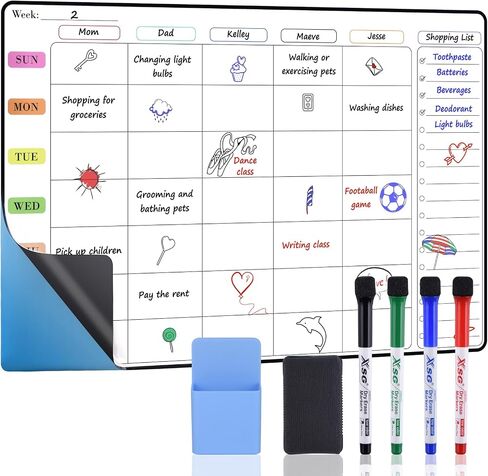 POPRUN Weekly Dry Erase Board Family Calendar for Wall & Glass & Wooden, Non-Magnetic Family Weekly Meal Planner, Self-Adhesive Family Chore Chart 5 Columns for 5 People Wall Calendar 23.6" × 15.7" in Saudi Arabia