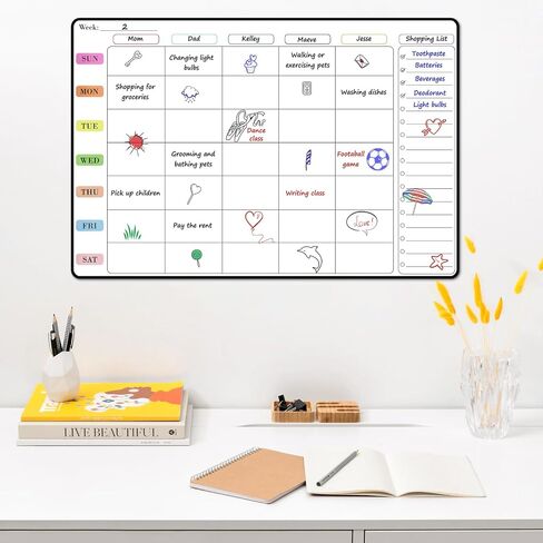 POPRUN Weekly Dry Erase Board Family Calendar for Wall & Glass & Wooden, Non-Magnetic Family Weekly Meal Planner, Self-Adhesive Family Chore Chart 5 Columns for 5 People Wall Calendar 23.6" × 15.7" in Saudi Arabia