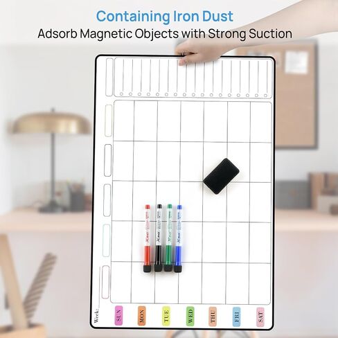 POPRUN Weekly Dry Erase Board Family Calendar for Wall & Glass & Wooden, Non-Magnetic Family Weekly Meal Planner, Self-Adhesive Family Chore Chart 5 Columns for 5 People Wall Calendar 23.6" × 15.7" in Saudi Arabia