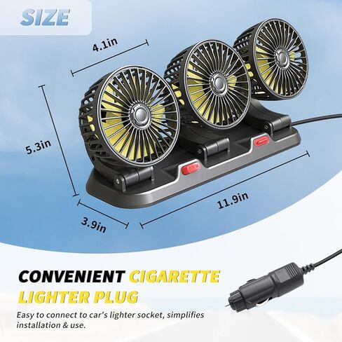 مروحة سيارة أوريجنو، مروحة تبريد محمولة بثلاثة رؤوس مع ثلاث سرعات، مروحة دوران 360 درجة مع قابس ولاعة سجائر للمركبات، RV، SUV، 0320-1 in Saudi Arabia