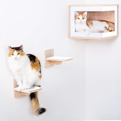 أثاث حائط للقطط مع درجات، أرفف حائط للقطط، مجموعة أثاث مثبتة على الحائط للقطط، أرفف عائمة ومجاثم للتسلق، أبيض in Kuwait
