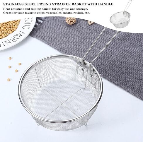 سلة قلي عميق من الفولاذ المقاوم للصدأ، سلة تقديم شبكية سلكية دائرية للقلي بالرقائق الفرنسية - سلة قلي عميق متعددة الوظائف قابلة للطي مع مقابض قابلة للطي لقلي المعكرونة السباغيتي في المطبخ in Kuwait