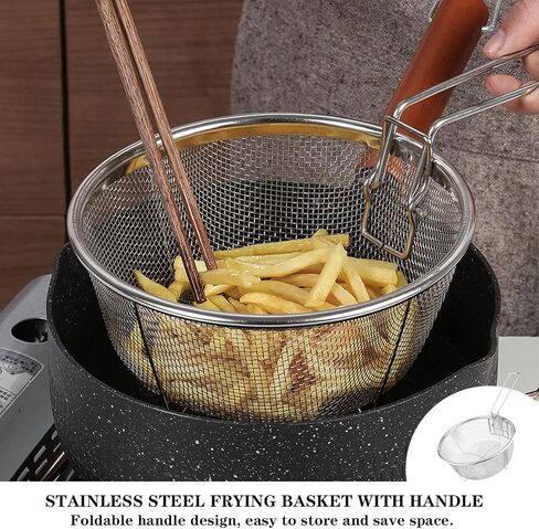 سلة قلي عميق من الفولاذ المقاوم للصدأ، سلة تقديم شبكية سلكية دائرية للقلي بالرقائق الفرنسية - سلة قلي عميق متعددة الوظائف قابلة للطي مع مقابض قابلة للطي لقلي المعكرونة السباغيتي في المطبخ in Kuwait