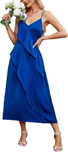 فستان CICIDUDU نسائي بدون أكمام بشريط سباغيتي من الساتان لحفلات الزفاف وكوكتيل غير منتظم مكشكش متوسط ​​الطول فستان شبه رسمي in Kuwait