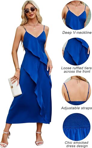 فستان CICIDUDU نسائي بدون أكمام بشريط سباغيتي من الساتان لحفلات الزفاف وكوكتيل غير منتظم مكشكش متوسط ​​الطول فستان شبه رسمي in Kuwait