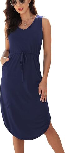 Hount Womens V Neck Sleeveless Casual T Shirt Dress Summer Midi Dress with Pockets in Saudi Arabia