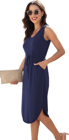 Hount Womens V Neck Sleeveless Casual T Shirt Dress Summer Midi Dress with Pockets in Saudi Arabia