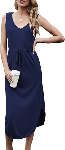 Hount Womens V Neck Sleeveless Casual T Shirt Dress Summer Midi Dress with Pockets in Saudi Arabia