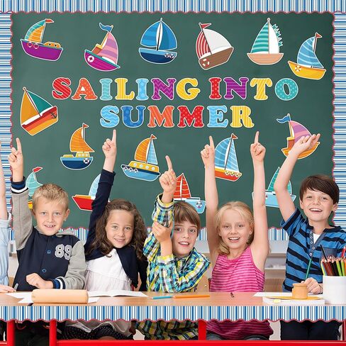 asodsway 117pcs الإبحار في الصيف القواطع الصيف المراكب الشراعية نشرة المجلس قطع مجسمات الديكور الفصول الدراسية، الصيف المحيط موضوع القواطع تقليم الحدود، DIY المراكب الشراعية للمدرسة الفصول الدراسية اللوازم المعلم in Kuwait