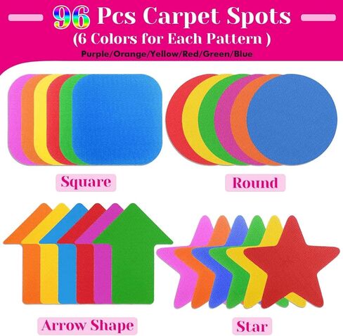 96 قطعة من أقلام تحديد السجاد من ماكانتي، نقاط الجلوس، علامات البقع، دوائر السجاد، نقاط أرضية من النايلون للأطفال، المعلمين، مرحلة ما قبل المدرسة، رياض الأطفال، مسافة الانتظار الاجتماعية، تزيين الفصل الدراسي، 6 ألوان، 4 أنماط in Kuwait