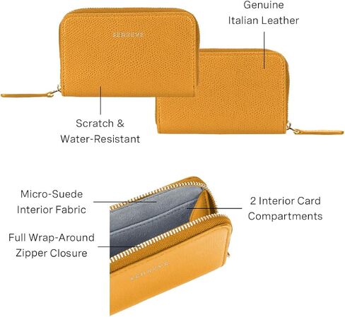 Senreve Card Wallet, 100% Genuine Italian Leather Women's Zip-Around Wallet, Pebbled Tumeric Yellow in Saudi Arabia
